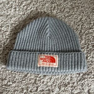 The North Face Light Gray Ribbed Cuffed Beanie with Red Logo Patch
